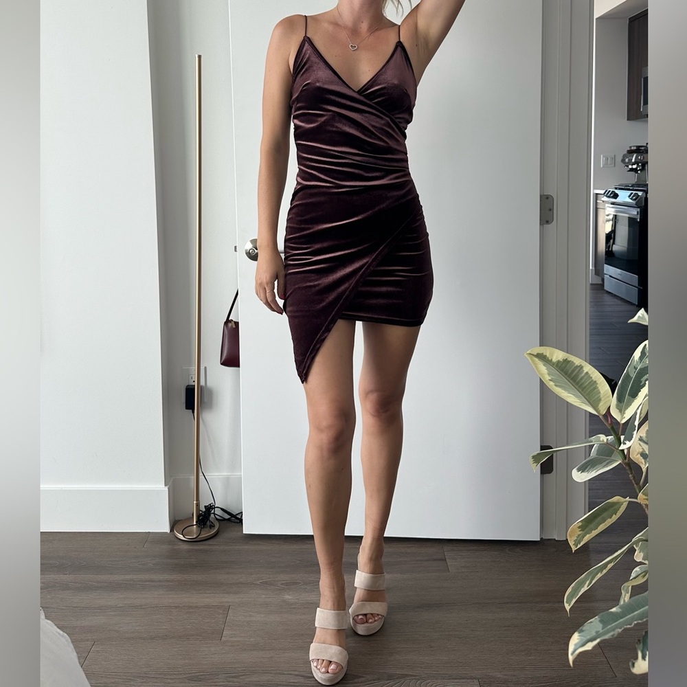 Tiger Mist Velvet Asymmetrical Dress in Chocolate Brown